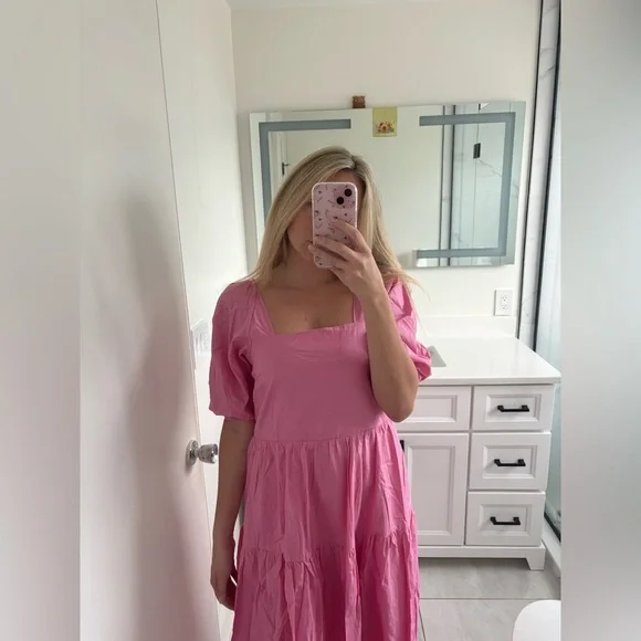 Moon River Pink Open Back Puff Sleeve Midi Dress - Picture 11 of 12